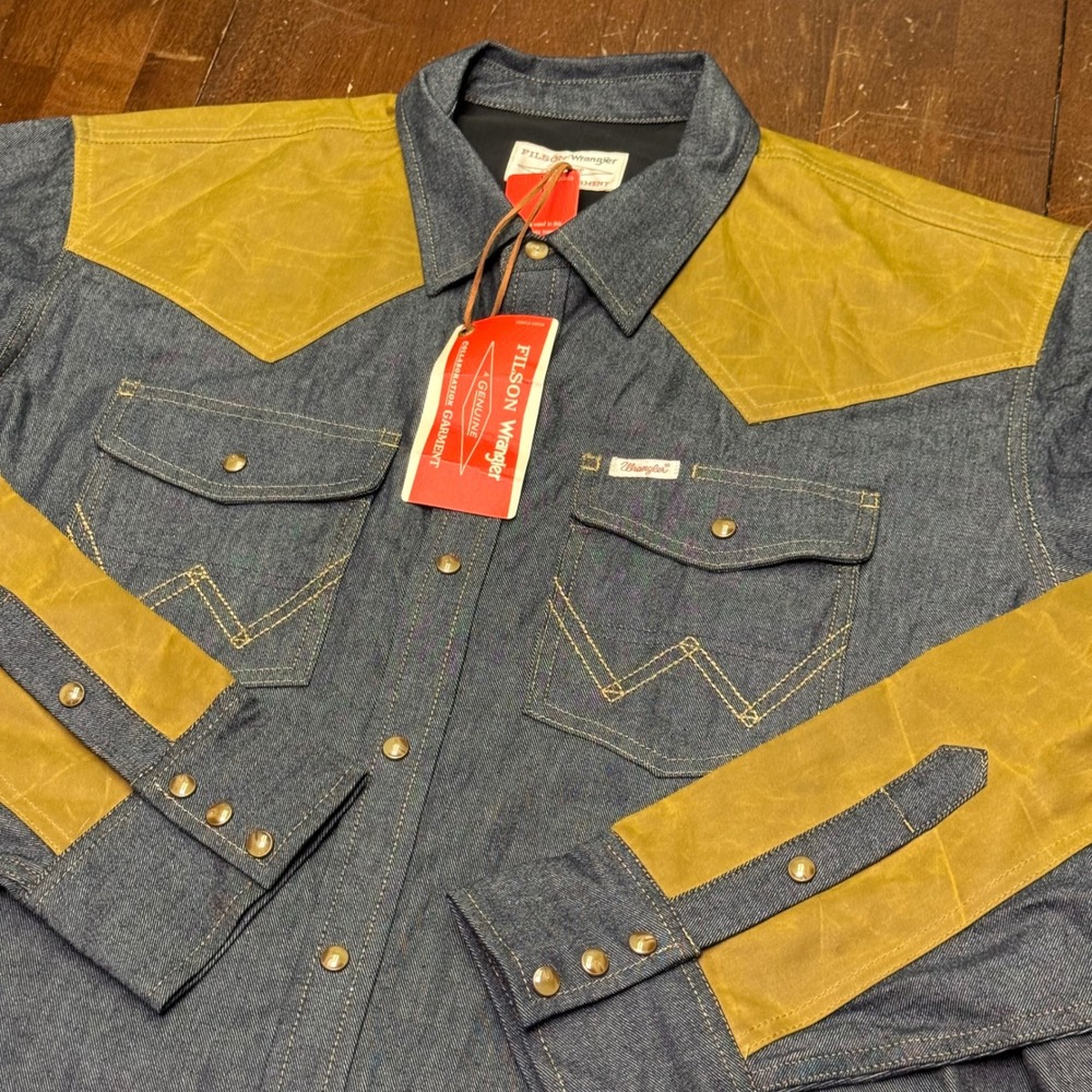 New Filson x Wrangler Adventure Shirt XL Indigo Waxed Cotton Denim Western Snap